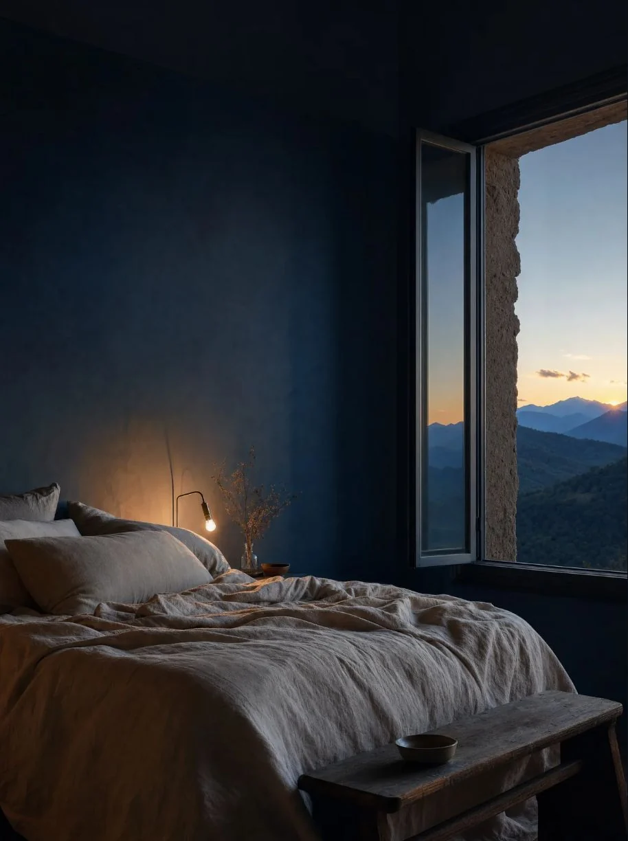 A quiet room in soft blue evening light
